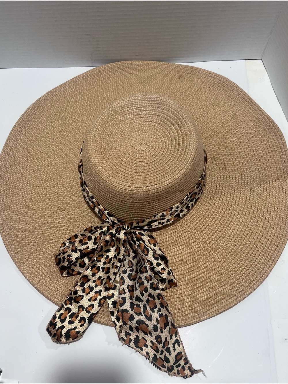 Tan Wide-Brim Straw Sun Hat with Leopard Scarf Accent